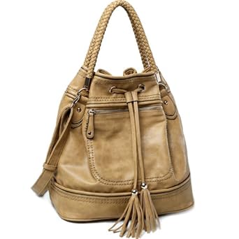 Designer Inspired Hobo Handbag W/ Drawstring Tassel & Braided Strap Accents Tan