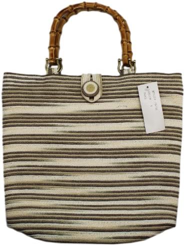 Tan and Brown Wooden Handle Womens Straw Purse Handbag