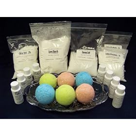 Complete Bath Bomb Starter Kit, 2 lbs. Baking Soda, 1 Lb. Citric, 1 lb. Corn Starch, 1 lb. Epsom Salt, 4 x 1 oz. fragrances, 4 x 1 oz. FD&C = Strawberry Red, Lemon Yellow, Sky Blue, Mint Green.