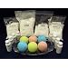 Complete Bath Bomb Starter Kit, 2 lbs. Baking Soda, 1 Lb. Citric, 1 lb. Corn Starch, 1 lb. Epsom Salt, 4 x 1 oz. fragrances, 4 x 1 oz. FD&C = Strawberry Red, Lemon Yellow, Sky Blue, Mint Green.