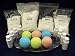 Complete Bath Bomb Starter Kit, 2 lbs. Baking Soda, 1 Lb. Citric, 1 lb. Corn Starch, 1 lb. Epsom Salt, 4 x 1 oz. fragrances, 4 x 1 oz. FD&C = Strawberry Red, Lemon Yellow, Sky Blue, Mint Green.