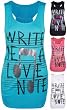 New Womens 'Write Me A Love Note' Slogan Music Note Racer Vest Ladies Round Neck Shiny Print Stretch Long Top Black Size 8 - 10