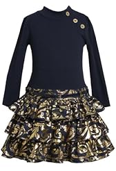 Girls Cotton/Denim/Metallic/Polyester/Spandex/Knit Long Sleeves Turtleneck  Tiered Belted Knee Length Dropped   Waistline General Print  Dress With Ruffles