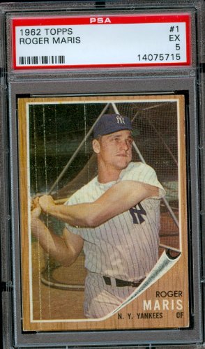 1962 Topps Baseball Card #1 Roger Maris New York Yankees Psa 5 EX