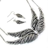 Silvertone Textured Double Wings Necklace and Earrings Set Fashion Jewelry