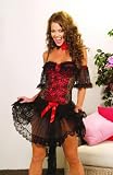 3 PC Satin Flamingo Dancer Costume. (EM-9398) Satin Flamingo Dancer Costume Costume includes a satin dress with lace overlay and underwire cups, and neck piece. Colors: Black/Red. Sizes: S- M- L- XL.