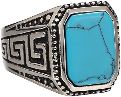 MOKING Jewelry Men's Classic Vintage Turquoise Biker Stainless Steel Ring Band, retro sculpture ring,gold Blue silver (10)
