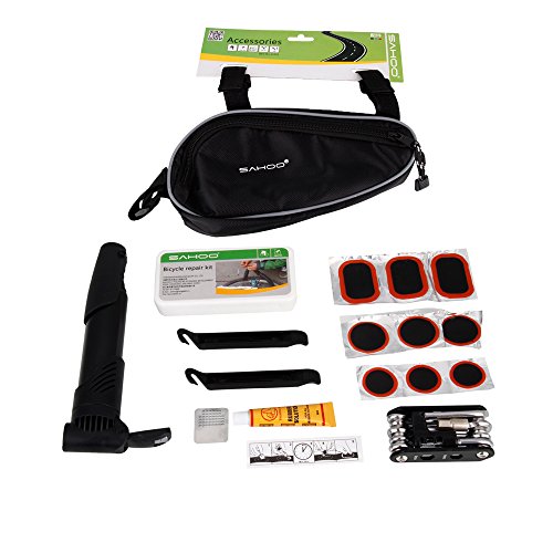 Roswheel SAHOO 14 in 1 Multi-functional Bicycle Bike Cycling Tyre Repair Tools Cycle Maintenance Kits Set with Tire Levers,Cold Patches,Glue,Mini Pump &amp; Pouch Bag
