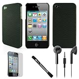 Aero Mesh Design Custom Style Durable Hard Protective Case for Apple iPhone 4 / 4th Generation compatible with 16GB / 32GB + 4-inch eBigValue (TM) Determination Hand Strap Key Chain+ Includes a Crystal Clear High Quality HD Noise Filter Earbuds Earphones Headphones 3.5mm Jack + Includes a full body front and back anti glare screen protector