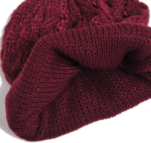 Glovin Women Corchet Hat With Rabit Fur Pompom And Lining Color Brown Red