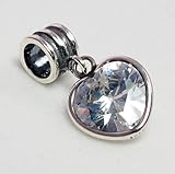 Heart Dangle Clear Zirconia Stone .925 Sterling Silver Bead Pandora Chamilia Biagi & European Bracelets Compatible