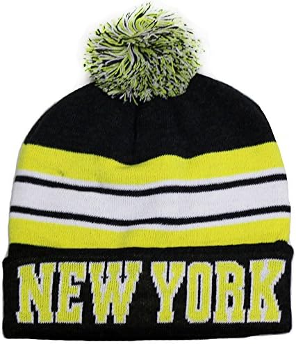 New York Thick Warm Cuffed Beanie Winter Hat Cap with Pom and Stripes One Size Adult Dark grey/Neon Yellow