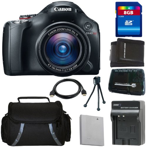 Canon SX40 HS 12.1MP Digital Camera with 35x Wide Angle Optical Image Stabilized Zoom and 2.7-inch Vari-Angle Wide LCD + Canon NB-10L Equivalent Replacement Battery + Charger + 8GB Deluxe Accessory Kit