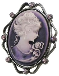Elegant Victorian Cameo Lady Broach Pin with Gunmetal Hematite Finish & Lavendar Austrian Crystals