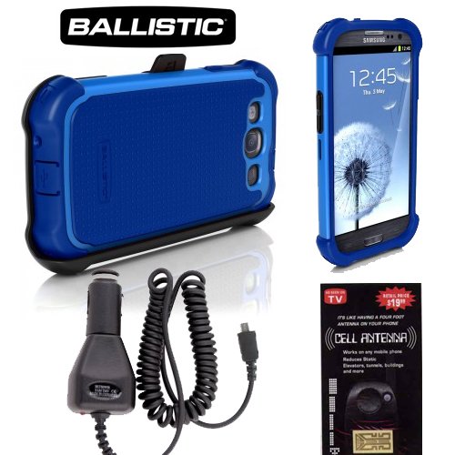 Ballistic Maxx Series Case for Samsung Galaxy S3 Navy Blue and Cobalt with Heavy Duty Car Charger and Antenna Booster.