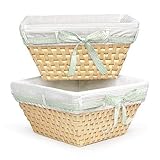 Natural Woven Nursery Baskets w/ White Liners & Four Ribbons (Set of 2)