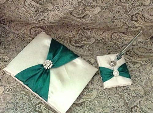 guest book and pen holder for wedding or partyin white or ivory satin with green ribbon