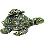 Antique Sea Turtle With A Baby On Its Crystal Shell Enameled Bejeweled Crystal Trinket Box