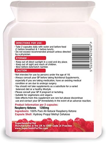 100% Pure Natural Raspberry Ketone (1400mg per Serving): Highest Strength Available! 100% Natural Ketones for Superior Results - Not Synthetically Manufactured or Extracted. Scientifically Proven & GUARANTEED to Help You Achieve Your Fat Loss Goals! Don't Waste Money on Inferior Products! Manufactured in UK to GMP Code of Practice. No Fillers, Bulking or Anti-Caking Agents. 60 Vegetarian Capsules.