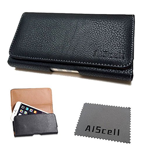 For Motorola Moto X (2nd gen. AT&T, VERIZON) ~ XL Large Sideways Pouch Black SYN Leather Sleeve Cover Case Belt Loop Belt Clip Holster + AIScell Brand Cleaning Cloth (fits Motorola Moto X (2nd gen.) with hybrid protective cover / silicone skin case on it) (By All_instore)