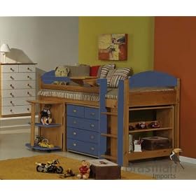 Verona Design Maximus Blue Pine Mid Sleeper Bed Set 1 3'0" with Secured Ladder inc. Blue Pull out Desk, Blue 3+2 Chest and Book Case, Excluding Mattress