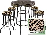 Brown Black Zebra Faux Animal Fur Glass Top Chrome Bar Table Set with 4 Swivel Bar Stools