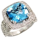 14k White Gold Square-shaped Large Stone Ring, w/ 3.00 Carats Brilliant Cut Diamonds & 9.41 Carats 12mm Cushion Cut Blue Topaz Stone, 3/4 in. (18mm) wide