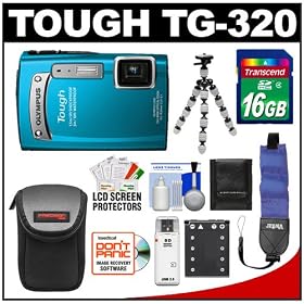 Olympus Tough TG-320 Shock & Waterproof Digital Camera (Blue) with 16GB Card + Battery + Floating Strap + Case + Flex Tripod + Accessory Kit