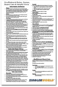 Picture showing a large poster with detailed rules and regulations for playing shuffleboard on a table