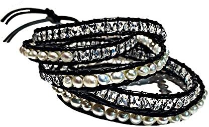 Pearl and Gemstone Crystal Black Leather Wrap Bracelet 5x Wrap Around for Women - By Emily LaRosa