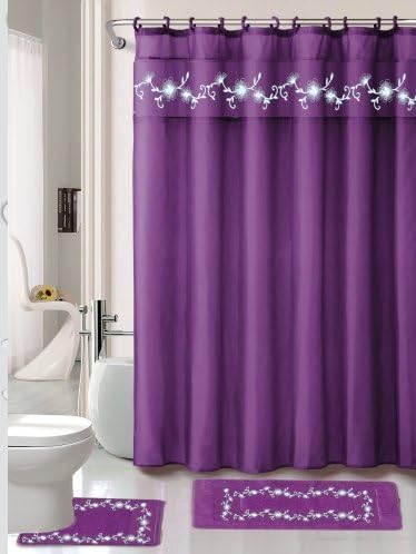 15 Piece Sandra Embroidery Banded Bath Mat Set Shower Curtain 70"x72" Inch (Purple)