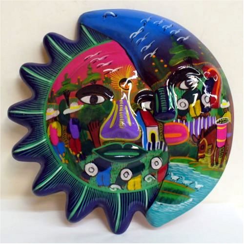 Celestial Sun and Moon Hand Painted by Nahuas Indians