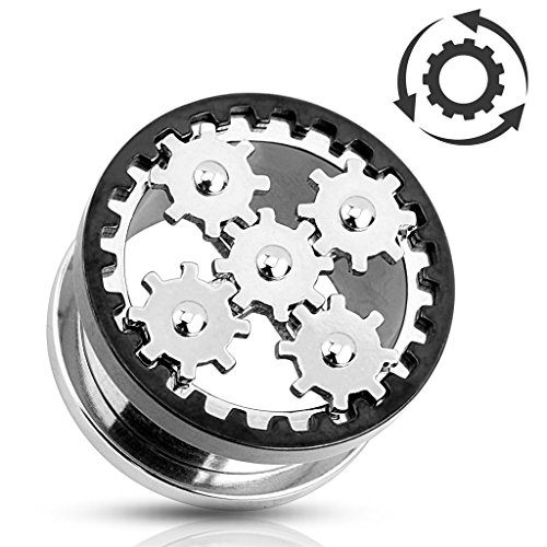 Pair of 5/8 Inch 16mm Steampunk Gear Screw-Fit Tunnel Ear Plug Gears Will Turn E95