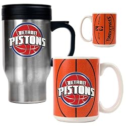 Detroit Pistons Stainless Steel Travel Mug & Gameball Ceramic Mug Set - Primary Logo NBA Basketball