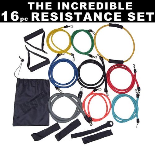 16 Piece Resistance Bands Set | Home Gym Workout Fitness Exercise Core Cords Tubes | Equipment for YOGA, PILATES, ABS, P90X WORKOUT | Part of the TECH GEAR UK RANGE