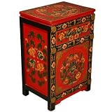 EXP Handmade Asian furniture-29" Red & Black Tibetan Nightstand / Storage Cabinet With Floral Motif