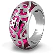 Polished Stainless Steel Floral Ring With Transparent Pink Enamel Inlay (Sizes 6 - 8)