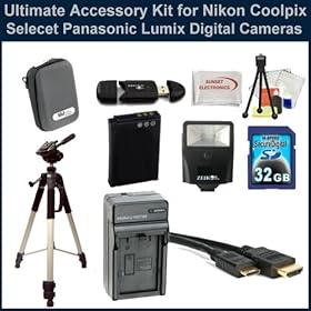 Ultimate Accessory Kit for Panasonic Lumix DMC-3D1/DMC-ZS20/DMC-ZS15 Digital Cameras. Package Includes: Extended Life Battery, Rapid Travel Charger, 32GB Memory Card, Memory Card Reader, Zeikos Flash, HDMI Cable, Hard Case, Tripod, Mini Tripod, LCD Screen Protectors & Cleaning Kit