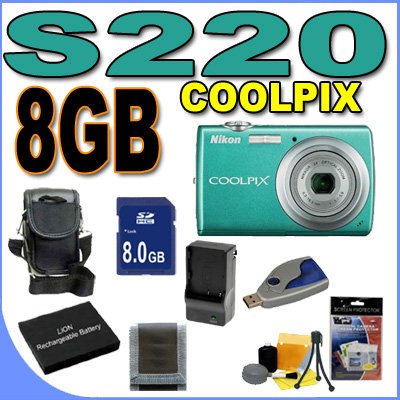 Nikon Coolpix S220 10MP Digital Camera w/ 3x Optical Zoom (Aqua Green) BigVALUEInc Accessory Saver 8GB EL10 Battery/Charger Bundle