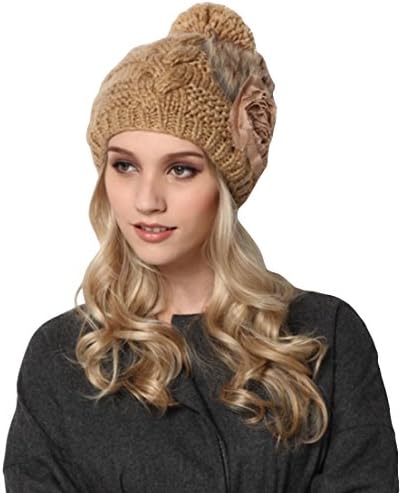UNbox Womens Sweet Girls Flower Trim Warm Cable Knitted Pom Beanie Hat Khaki