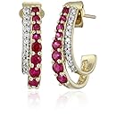 14k Yellow Gold Round Ruby White Diamond J-Hoop Earrings (0.08 cttw, I-J Color, I1-I2 Clarity)