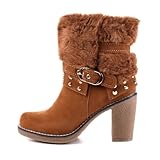 Damen Schuhe, STIEFELETTEN, RIEMCHEN BOOTS MIT NIETEN, 8242-GA, Synthetik in hochwertiger Velour Leder Optik, Camel, Gr 37