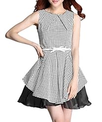 Mesh  Belted Spring Checkered Print Plaid Print Organza Round Neck Sleeveless  Dress With a Bow(s)