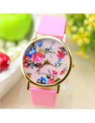 New Fashion Brand Geneva Platinum Rose Flower Rhinestones Pink Leather Watch Women Ladies Rose Gold Dress Watch Quartz