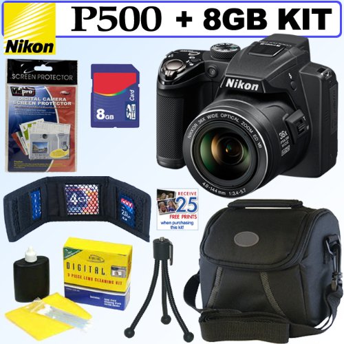 Nikon Coolpix P500 12.1 MP CMOS Digital Camera (Black) + 8GB Accessory Kit
