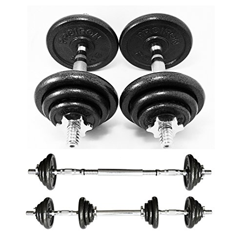 PROIRON 20kg Cast Iron Adjustable Dumbbell Set Hand Weight with Solid Dumbbell Handles Changed into Barbell Handily Perfect for Bodybuilding Fitness Weight Lifting Training Home Gym, 15kg, 30kg