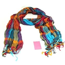 Light Crinkle Plaid Long Scarf Wrap 70x26 multi, Blue