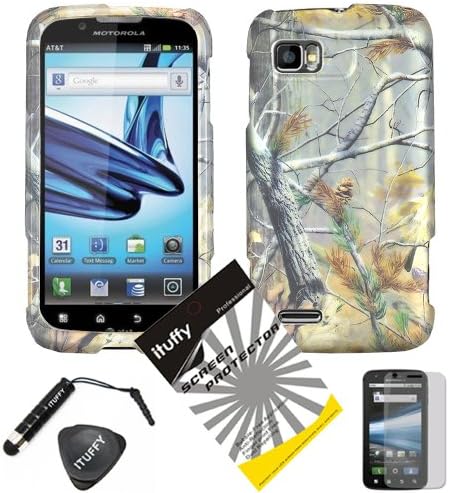 4 items Combo: ITUFFY(TM) Mini Stylus Pen + LCD Screen Protector Film + Case Opener + Silver Pine Tree Leaves Camouflage Outdoor Wildlife Design Rubberized Hard Plastic Case Skin Cover Faceplate for Motorola Atrix 2 MB865 (will fit 2nd Generation only!)