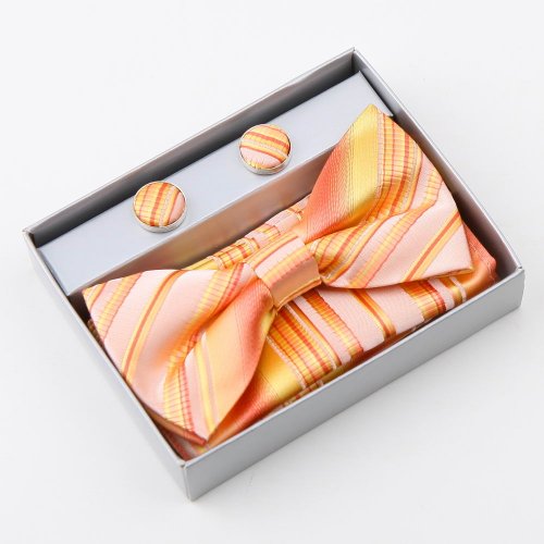 Orange Stripes Silk Pre-tied Bowtie CufflinksHandkerchiefs Gift Box Set gold gift items Pointe BT2035B005FIHFBE