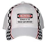 WARNING BEWARE OF THE RACE CAR DRIVER White Racing Checker Flag Hat / Baseball Cap
